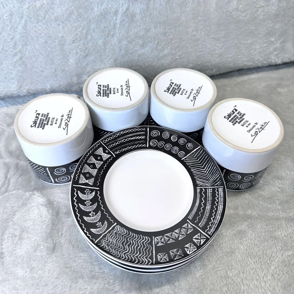 Sakura Batik Cup & Saucer Dessert Set Black White Stoneware Sue Zipkin 1993‎